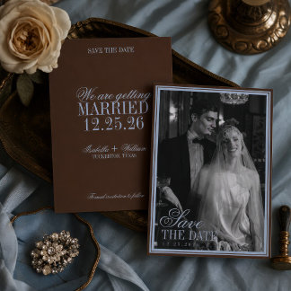 Blaue und braune luxuriöse Hochzeit mit altem Geld Save The Date