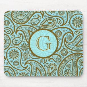 Blaue und braune Paisley-Retro-Muster-Monogramm Mousepad