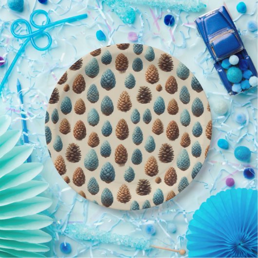 Blaue und braune Pinecone Wintermuster Pappteller (Party)