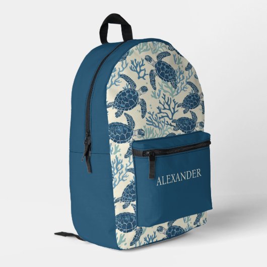 Blaue und Creme Küstenschildkröten Bedruckter Rucksack (Rückseitige Ecke links)