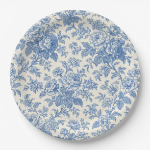 Blaue und cremefarbene Blumen-Toile de Jouy Pappteller