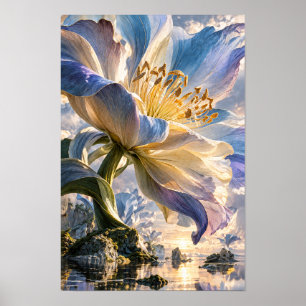 Blaue und cremefarbene riesige Blüten-Fantasieland Poster