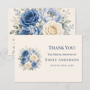 Blaue und cremefarbene Rosen-Blumen-Brautparty Dankeskarte