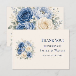 Blaue und cremefarbene Rosen Hochzeit Dankeskarte