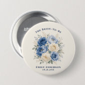 Blaue und cremefarbene Rosenblüten-Brautparty Button (Vorne & Hinten)