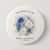 Blaue und cremefarbene Rosenblüten-Brautparty Button (Vorderseite)