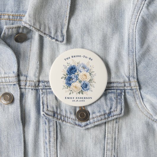 Blaue und cremefarbene Rosenblüten-Brautparty Button (Beispiel)