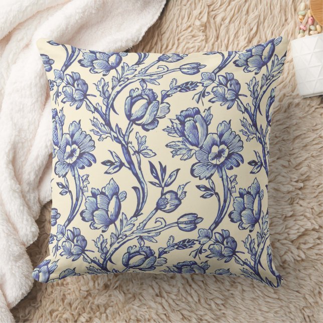 Blaue und cremefarbene Tulips Toile Französische L Kissen (Decke)