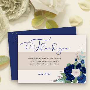 Blaue und elfenbeinfarbene Rosen Elegane Kalligraf Dankeskarte