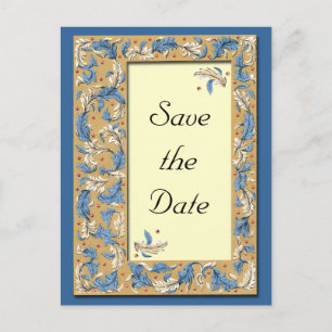 Blaue und elfenbeinfarbene "Save the Date"-Postkar Ankündigungspostkarte