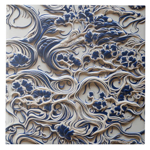 Blaue und elfenbeinfarbene skulpturale Blumenspira Fliese
