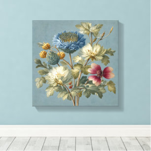 Blaue und elfenbeinfarbene Vintage-Blumenleinwandd Leinwanddruck