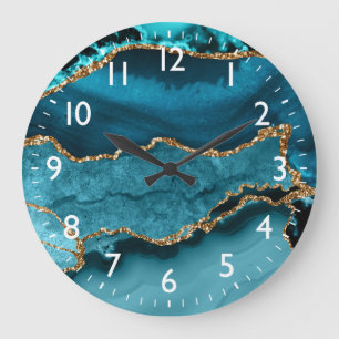 Blaue und falsche Gold-Glitter-Marmor-Achat Große Wanduhr