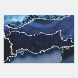 Blaue und falsche Silber-Glitter-Marmor-Achat Geschenkpapier Set