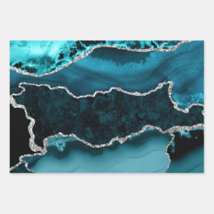 Blaue und falsche Silber-Glitter-Marmor-Achat Geschenkpapier Set