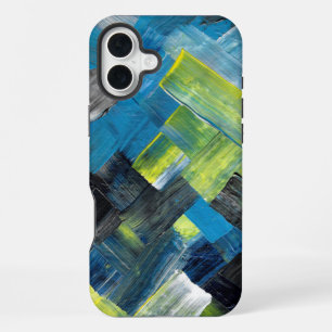 Blaue und gelbe abstrakte Pinselstrich-Geometrie iPhone 16 Plus Hülle