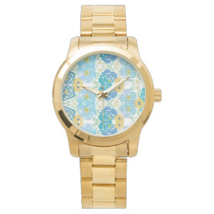 Blaue und gelbe Aquarell-Blumen Armbanduhr