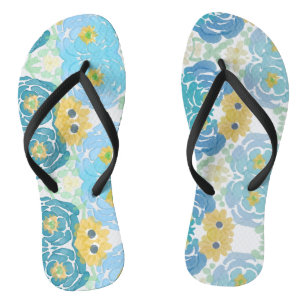 Blaue und gelbe Aquarell-Blumen Badesandalen