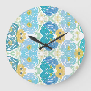 Blaue und gelbe Aquarell-Blumen Große Wanduhr