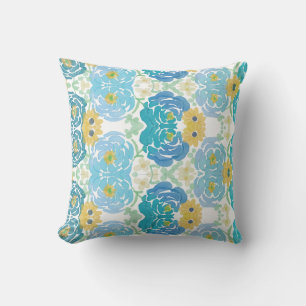 Blaue und gelbe Aquarell-Blumen Kissen