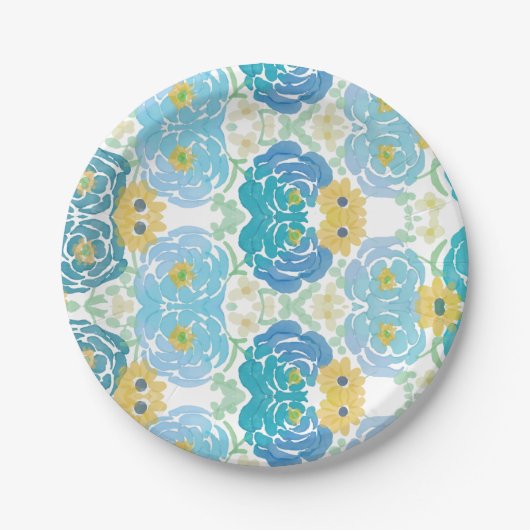 Blaue und gelbe Aquarell-Blumen Pappteller (Vorderseite)