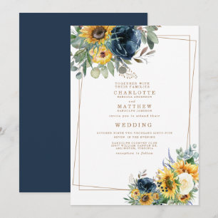 Blaue und gelbe Aquarell-Blumenhochzeit II Einladung