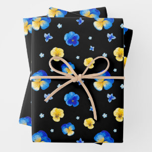Blaue und gelbe Aquarell-Stiefmütterchen-Blumen Sc Geschenkpapier Set