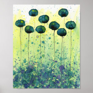 Blaue und gelbe Aquarellblumen, moderne Wand Poster