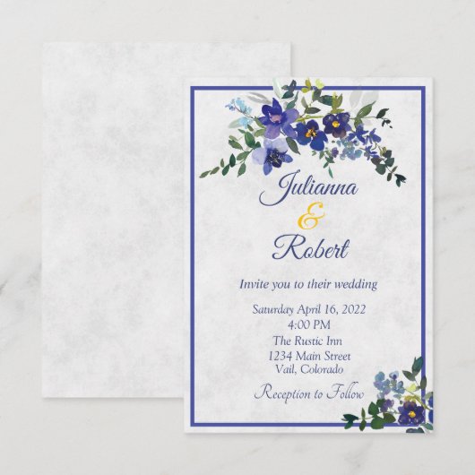 Blaue und gelbe Aquarellfarben Hochzeitsfeier Einladung (Vorne/Hinten)