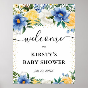 Blaue und gelbe Blumen Babyparty Willkommen Poster