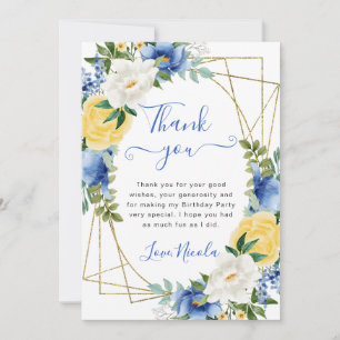 Blaue und gelbe Blumen Gold Rahmen Geburtstag Dankeskarte