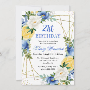 Blaue und gelbe Blumen Goldrahmen 21. Geburtstag Einladung