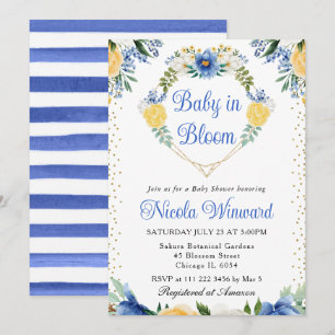 Blaue und gelbe Blumen Herz Kranz Baby Shower Einladung