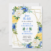Blaue und gelbe Blumen Hochzeit Save The Date (Vorderseite)