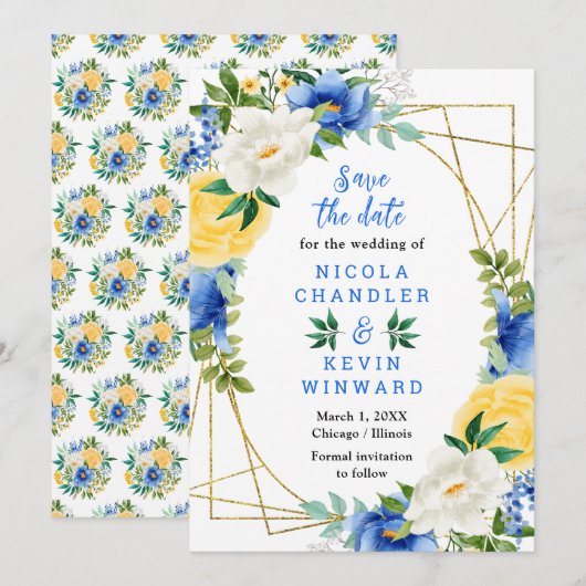 Blaue und gelbe Blumen Hochzeit Save The Date (Vorne/Hinten)