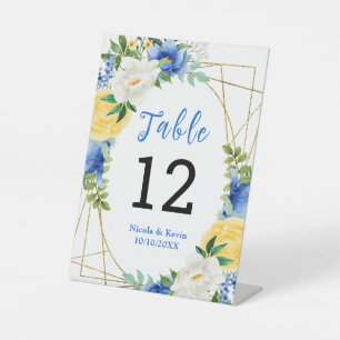 Blaue und gelbe Blumen-Hochzeitstisch-Nummer Sockelschild