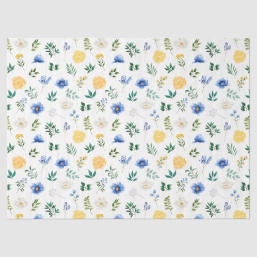Blaue und gelbe Blumen mit Blattmuster Seidenpapier (Vorderseite)