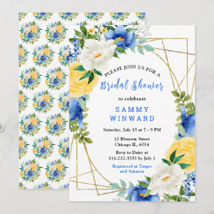 Blaue und gelbe Blumen mit Laub Hochzeitsdusche Einladung