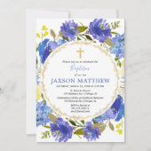 Blaue und gelbe Blumenjungentaufeeinladungen Einladung (Vorderseite)