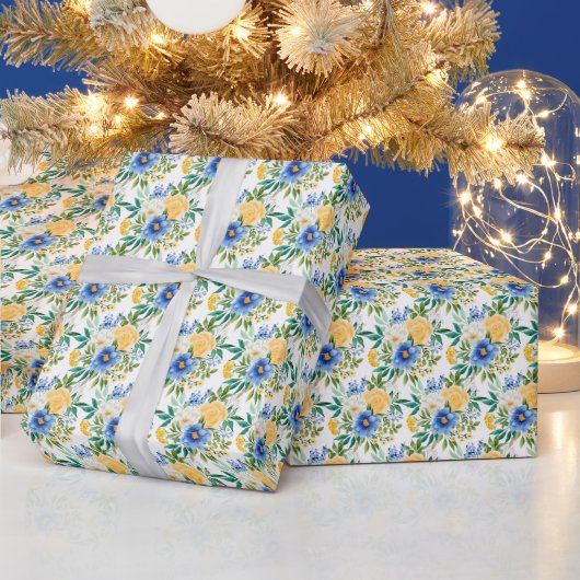 Blaue und gelbe Blumenmuster Geschenkpapier (Feiertage)