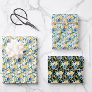 Blaue und gelbe Blumenmuster Geschenkpapier Set
