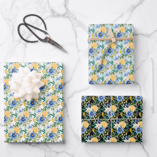 Blaue und gelbe Blumenmuster Geschenkpapier Set (Vorderseite)