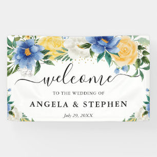 Blaue und gelbe Boho-Blumen Hochzeitsbegrüßung Banner