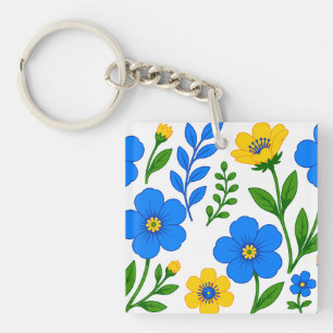 Blaue und gelbe botanische Blumengestaltung Schlüsselanhänger