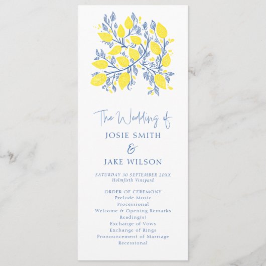 Blaue und gelbe Botanische Hochzeit Programm (Vorderseite)