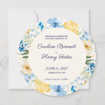 Blaue und gelbe botanische Hochzeit - Save the Dat