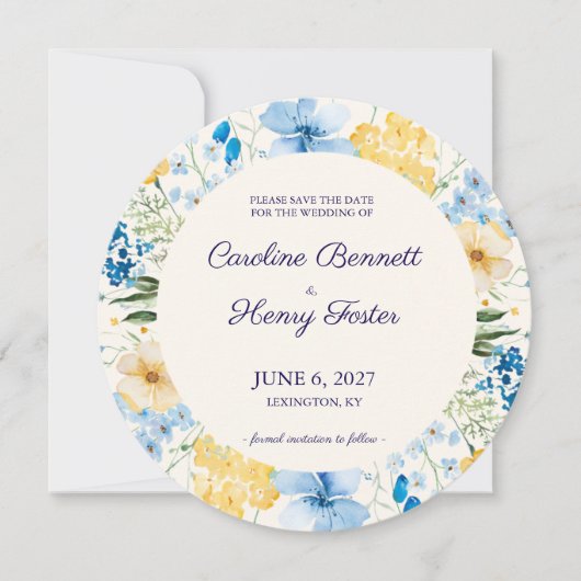 Blaue und gelbe botanische Hochzeit - Save the Dat Date (Vorderseite)