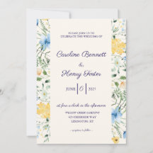 Blaue und gelbe botanische Hochzeitseinladung