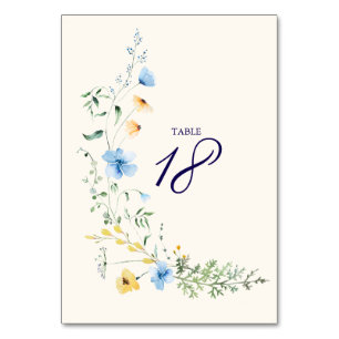 Blaue und gelbe botanische Hochzeitstisch-Nummer Tischnummer