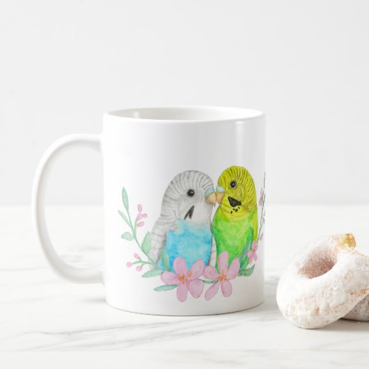 Blaue und Gelbe Budgie Parakeets Vogelliebhaber Ge Kaffeetasse (Mit Donut)